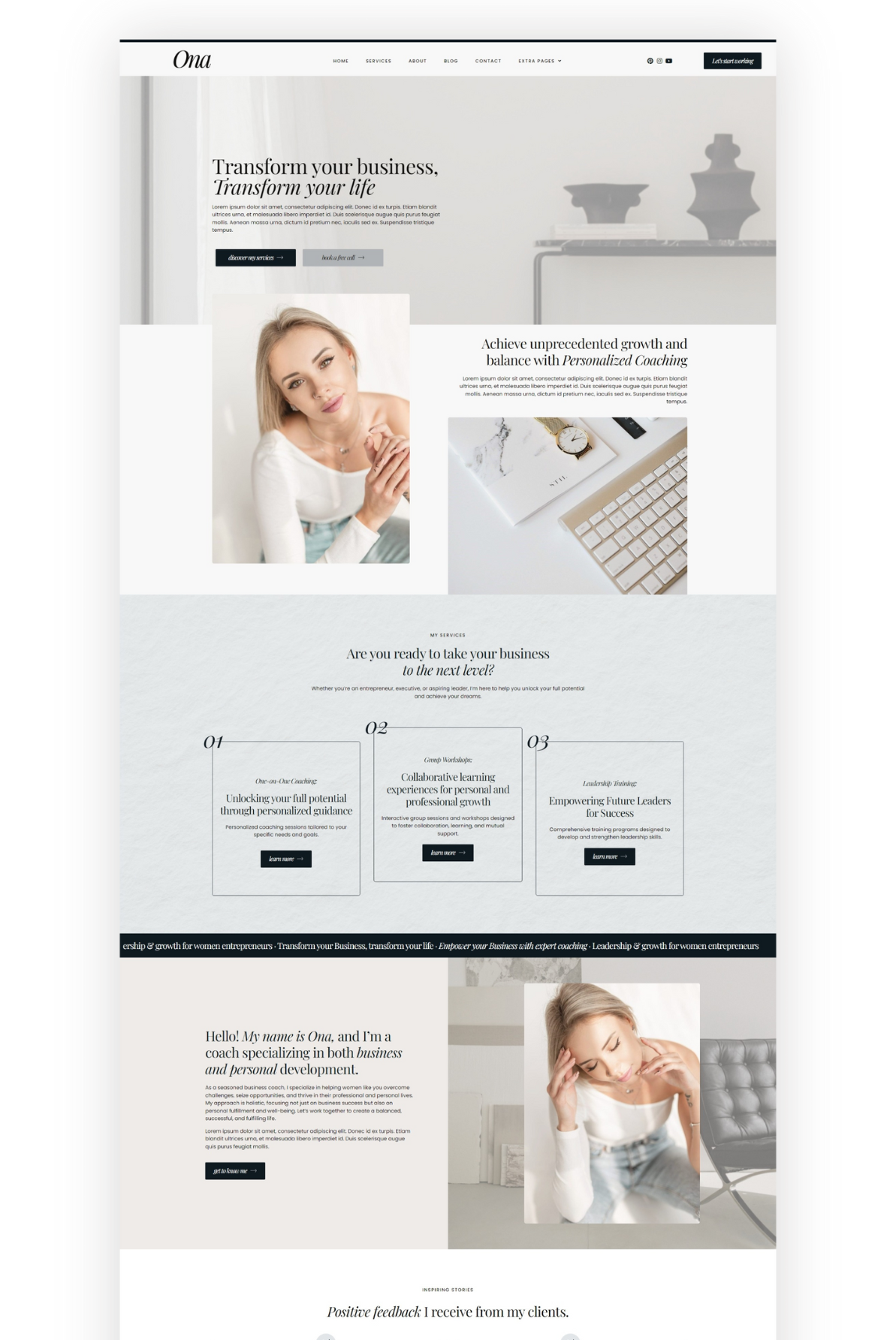 Ona, feminine wordpress and Elementor website template