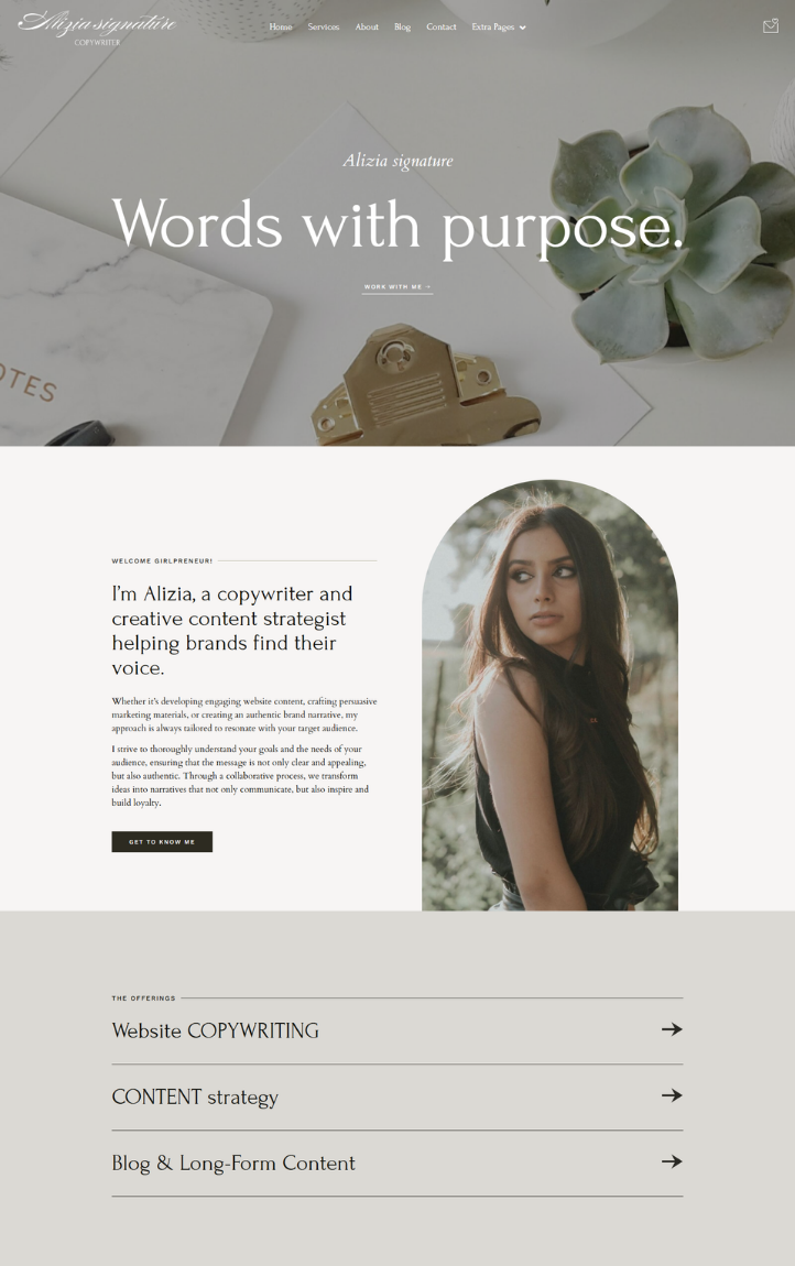 Alizia signature, feminine wordpress, elementor template by designwithcris