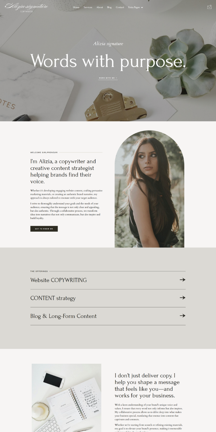Alizia signature, feminine wordpress, elementor template